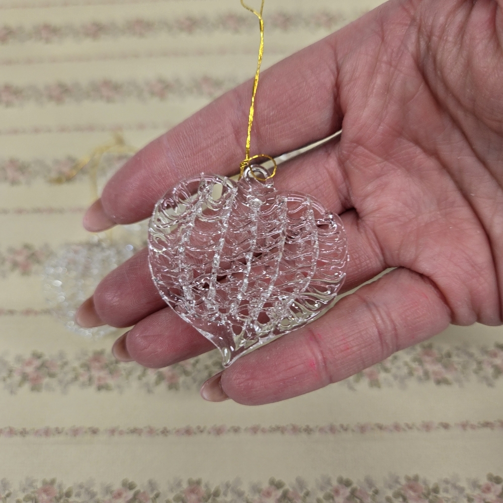 Vintage 1990s Hand Spun Glass Mini Heart Ornaments‎ Clear Neutral Set of 5